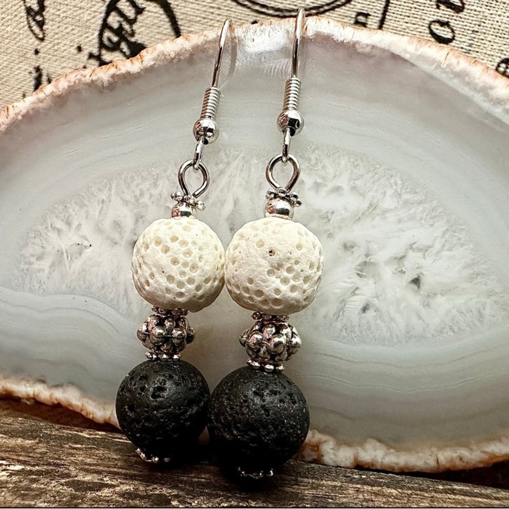Elegant Black and White lava bead earrings.